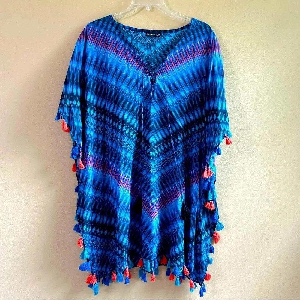 MIRACLESUIT Marrakech‎ Caftan Swim Coverup Multi Color Tassles Sz Large